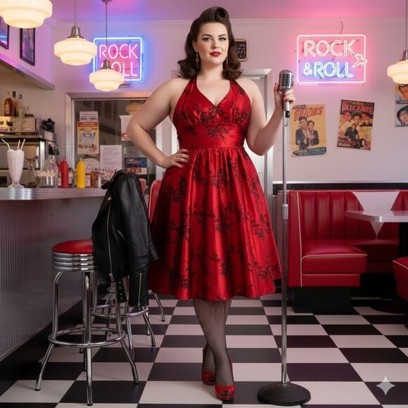 Y2K Red Halter Midi Gothic Satin Valentine's Day Prom Floral Jacquard Dress - L - Picture 16 of 16